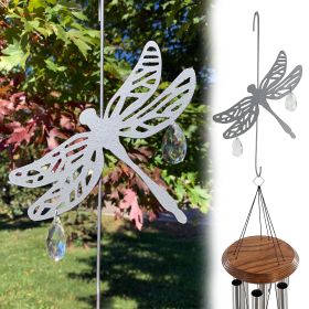 Dragonfly Hanging Hook for Wind Chimes, Bird Feeders, Plants, Memorial Garden - Silver Dragonfly with Crystal Prisms by Weathered Raindrop