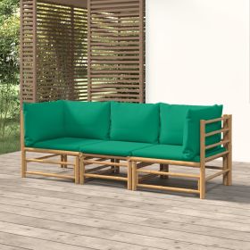 3 Piece Patio Lounge Set with Green Cushions Bamboo