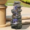 Outdoor Fountain 40inches Poly-resin Rock Water Fountain with LED Lights