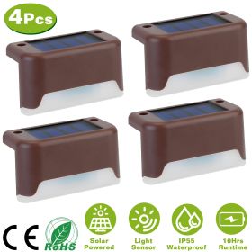 4Pcs Solar Powered LED Step Lights Outdoor IP55 Waterproof Dusk To Dawn Sensor Fence Lamps (Color: Brown)